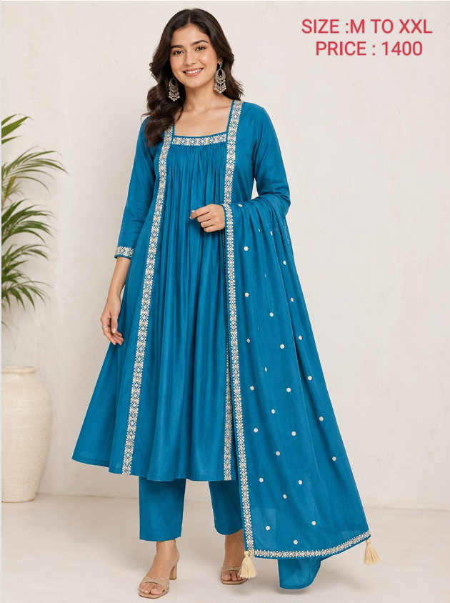 Royal Teal Blue Anarkali Suit Set with Embroidered Dupatta