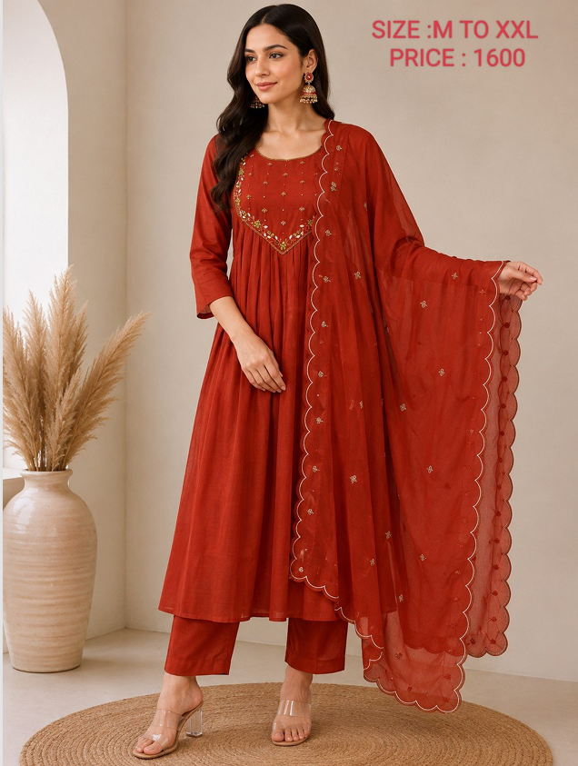 Rust Red Embroidered Anarkali Suit Set with Scalloped Dupatta