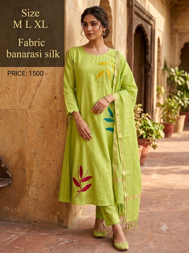Lime Green Banarasi Silk Embroidered Kurta Set with Dupatta