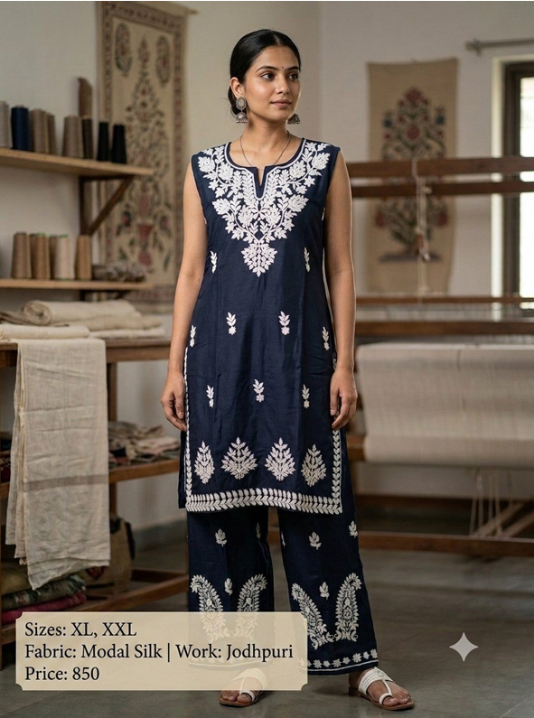 Navy Blue JodhpurI Embroidered Modal Silk Kurta Pant Set
