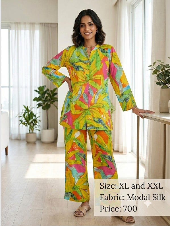 Multicolor Printed Modal Silk Co-Ord Set for Women