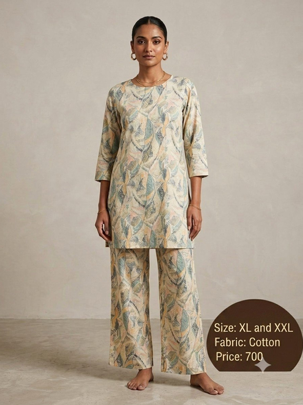 Pastel Leaf Print Cotton Co-Ord Set for Women