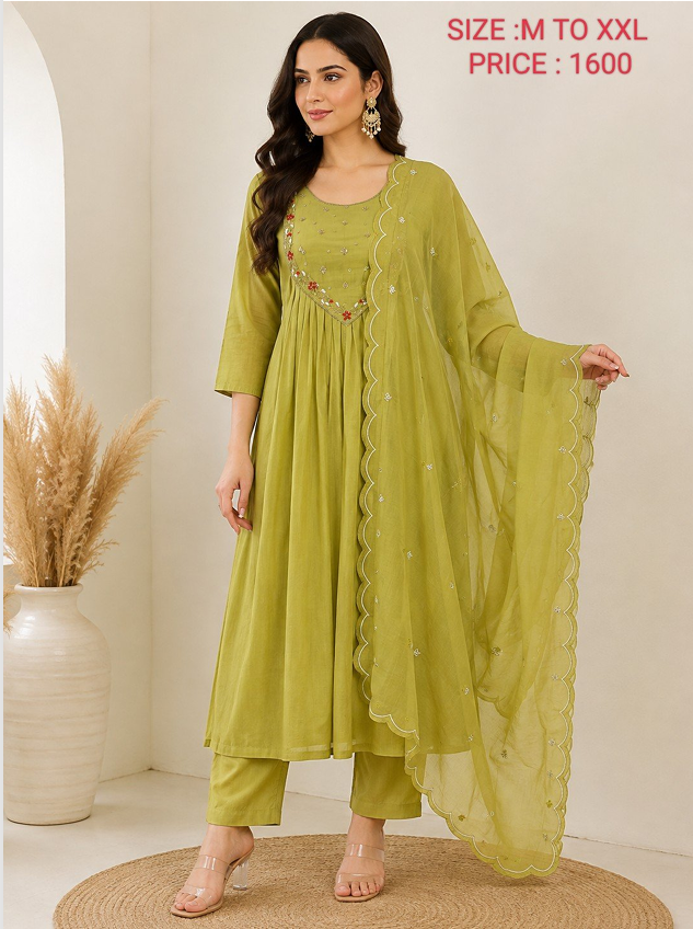 Rust Red Embroidered Anarkali Suit Set with Scalloped Dupatta